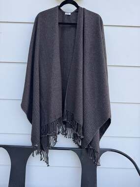 Mersea Travel Wrap Brown Fringe Boho Poncho Shawl OS Minimal Capsule